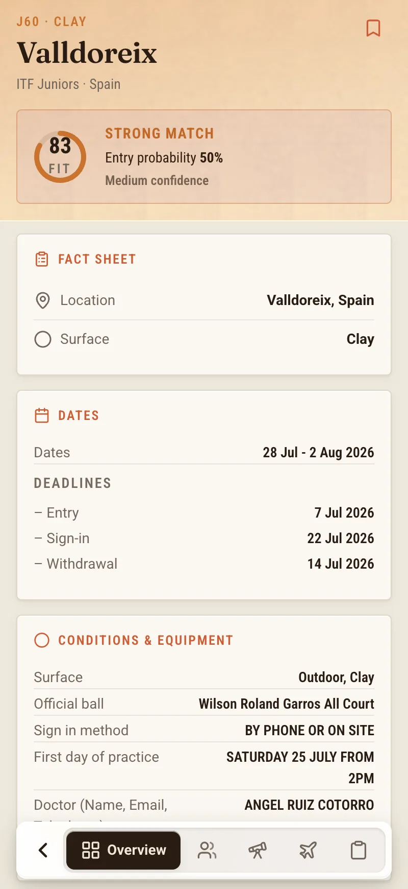 A tournament fact sheet in NextPoint — deadlines, fees, surface, official ball and draw format in one place.
