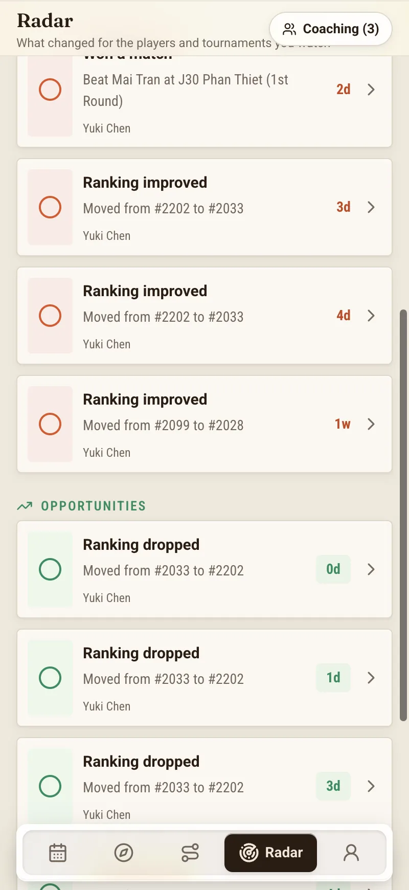 Radar's player watchlist — know when someone you follow enters an event.